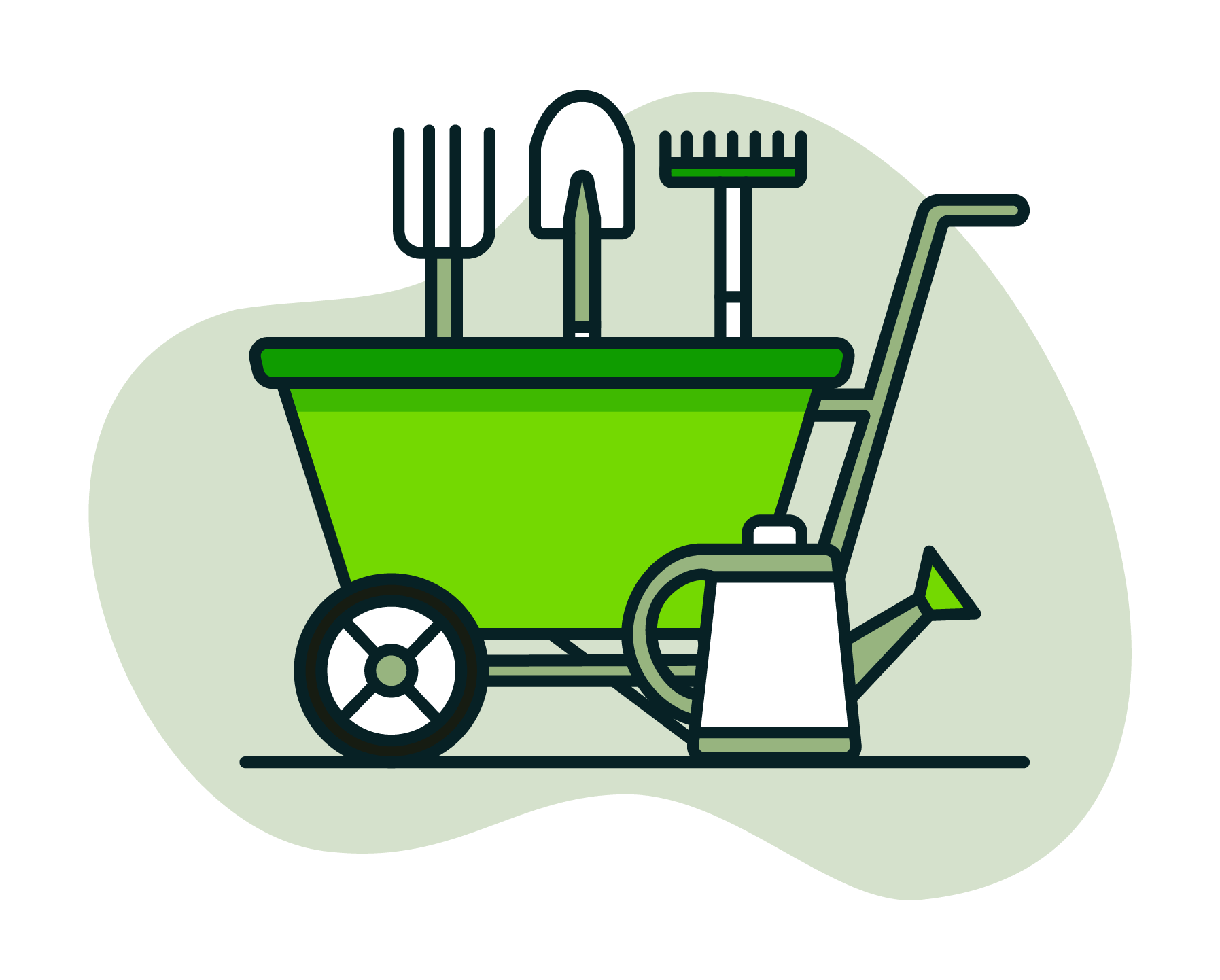 Gardening supplies in a wheelbarrow including a pitchfork, shovel, rake, and watering can