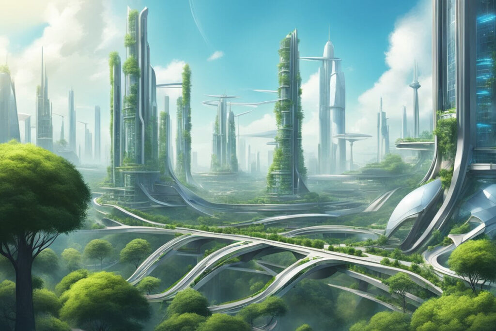 Futuristic buildings covered in and surrounded by green trees