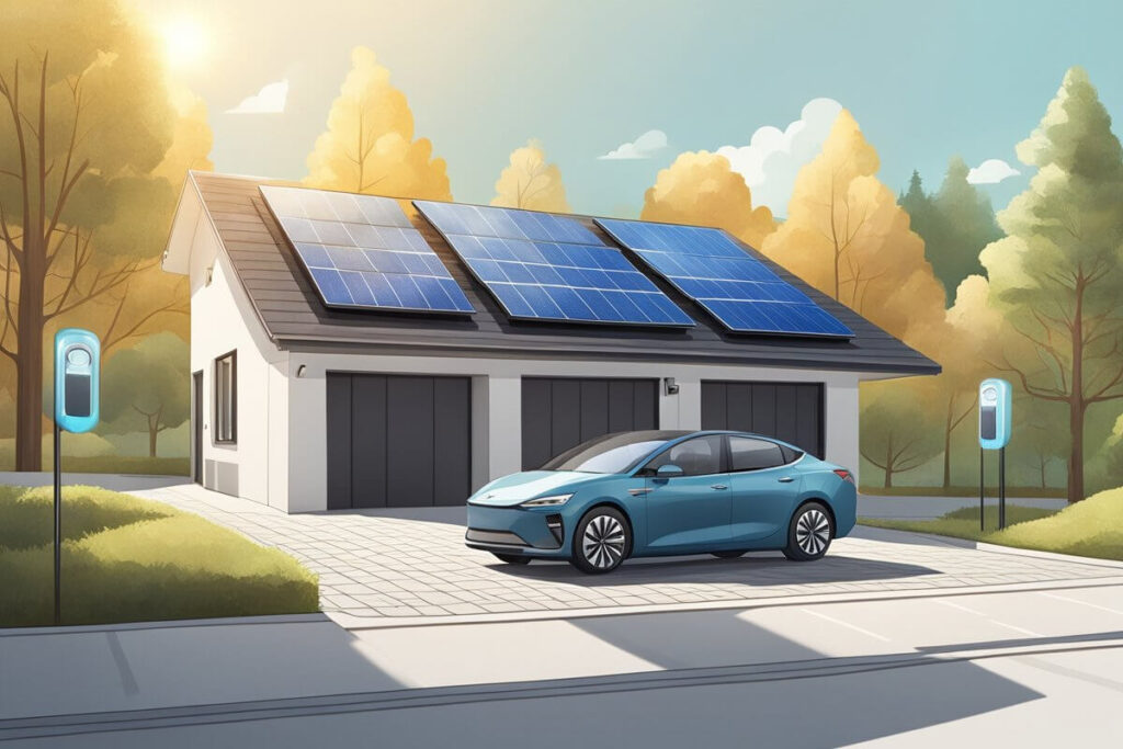 Electric car parked in front of a garage with solar panels and EV chargers