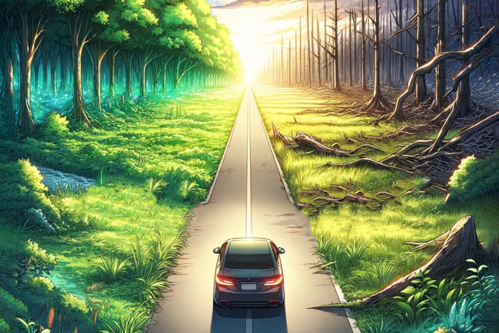 Road split between a lush forest and a barren wasteland