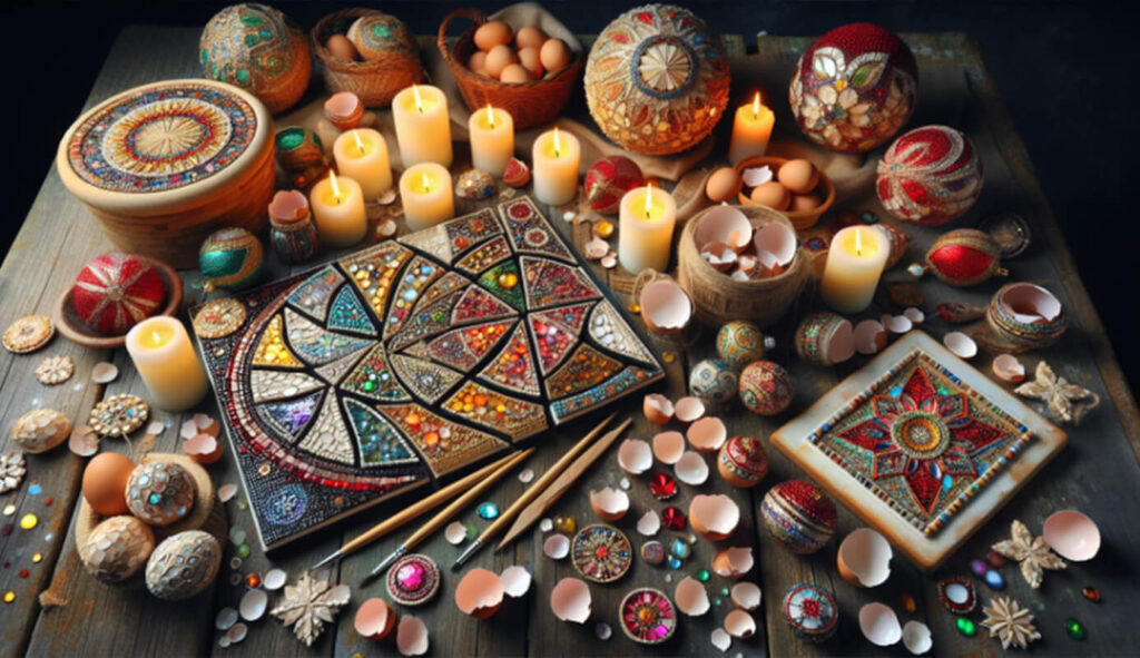 Eggshell arts and crafts with painted eggshells, mosaics, and candles.