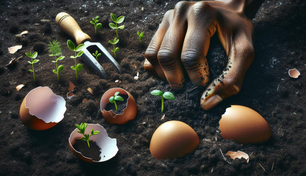Mixing eggshells in garden soil with sprouting plants